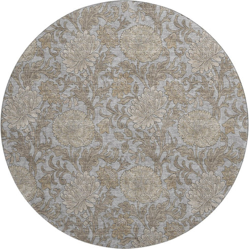 9' X 12' Gray And Silver Floral Washable Area Rug With UV Protection