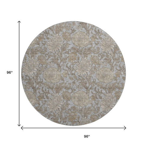 9' X 12' Gray And Silver Floral Washable Area Rug With UV Protection