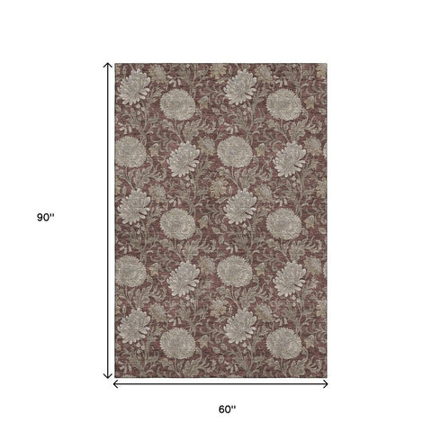 9' X 12' Merlot And Beige Floral Washable Area Rug With UV Protection
