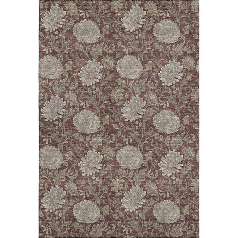 9' X 12' Merlot And Beige Floral Washable Area Rug With UV Protection