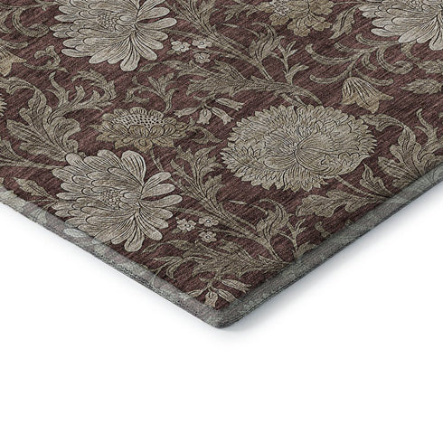 9' X 12' Merlot And Beige Floral Washable Area Rug With UV Protection