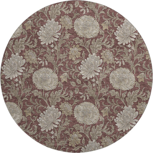 9' X 12' Merlot And Beige Floral Washable Area Rug With UV Protection