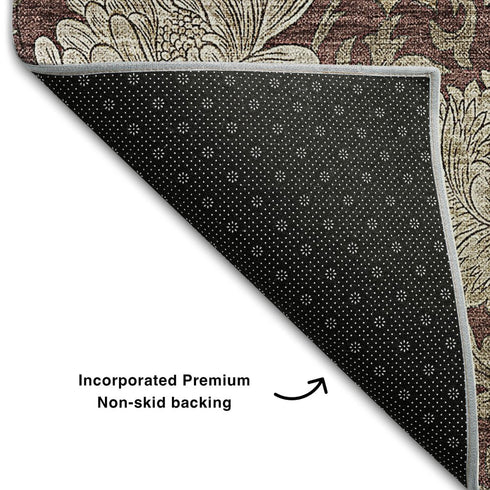9' X 12' Merlot And Beige Floral Washable Area Rug With UV Protection