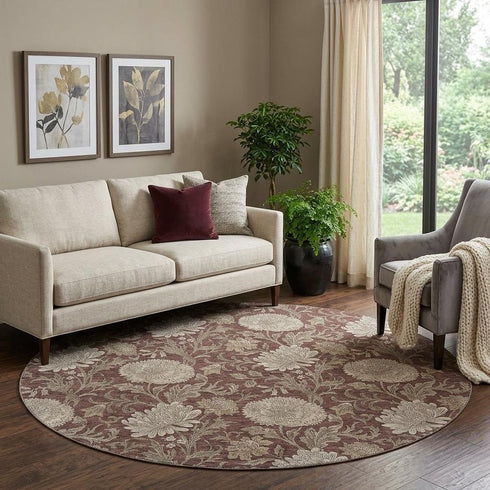 9' X 12' Merlot And Beige Floral Washable Area Rug With UV Protection