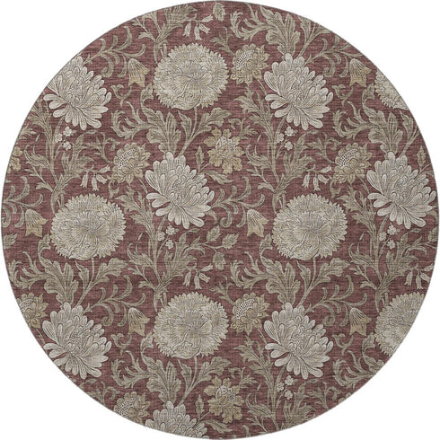 9' X 12' Merlot And Beige Floral Washable Area Rug With UV Protection