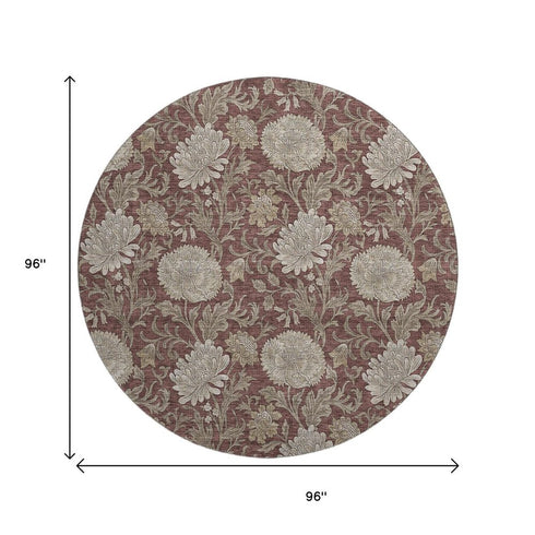 9' X 12' Merlot And Beige Floral Washable Area Rug With UV Protection