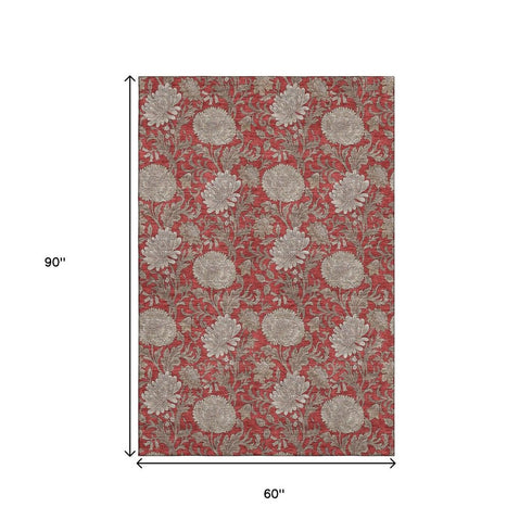 9' X 12' Red And Beige Floral Washable Area Rug With UV Protection