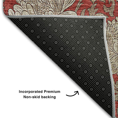 9' X 12' Red And Beige Floral Washable Area Rug With UV Protection