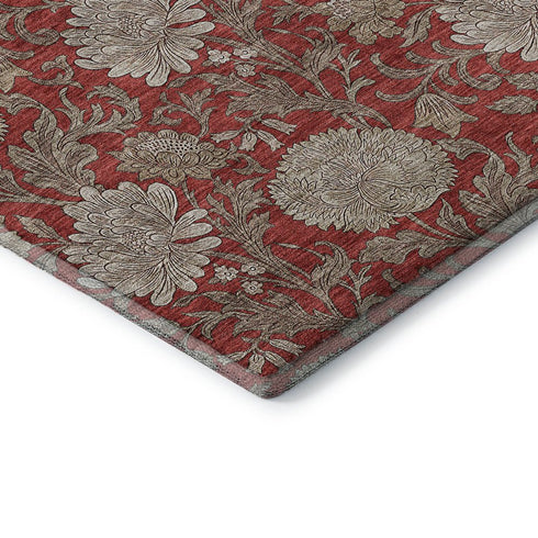9' X 12' Red And Beige Floral Washable Area Rug With UV Protection