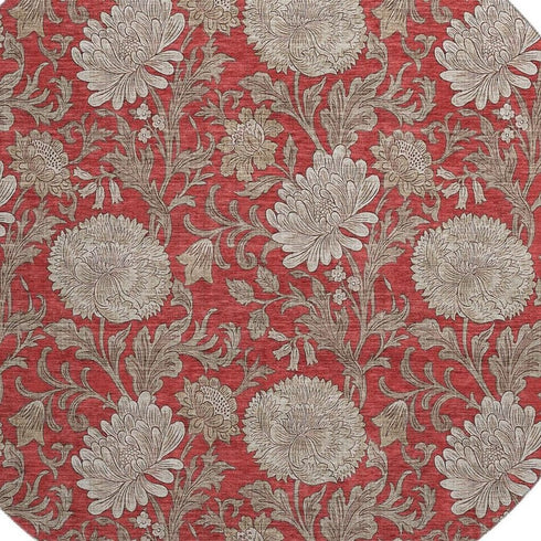 9' X 12' Red And Beige Floral Washable Area Rug With UV Protection