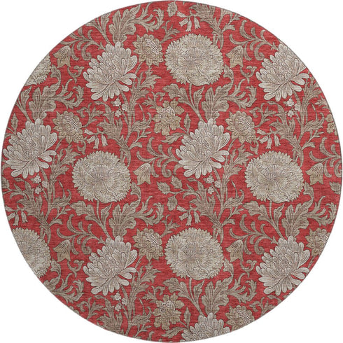 9' X 12' Red And Beige Floral Washable Area Rug With UV Protection
