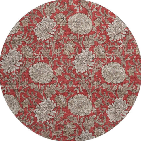 9' X 12' Red And Beige Floral Washable Area Rug With UV Protection