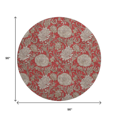 9' X 12' Red And Beige Floral Washable Area Rug With UV Protection