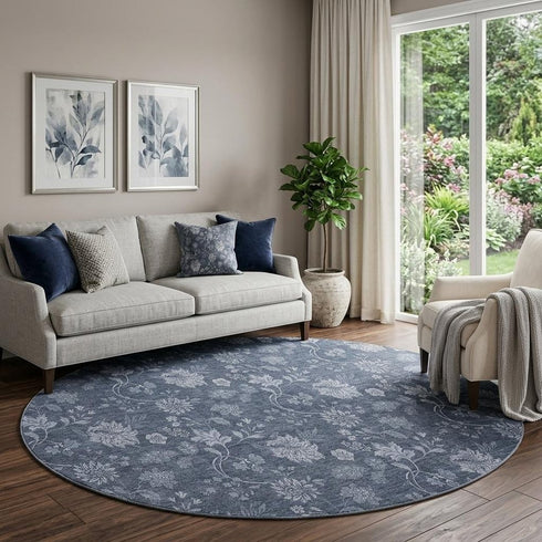9' X 12' Blue And Ivory Floral Washable Area Rug With UV Protection