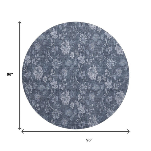 9' X 12' Blue And Ivory Floral Washable Area Rug With UV Protection
