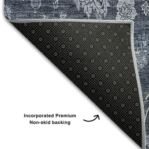 9' X 12' Blue And Ivory Floral Washable Area Rug With UV Protection