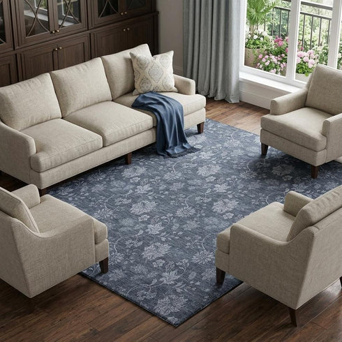 9' X 12' Blue And Ivory Floral Washable Area Rug With UV Protection