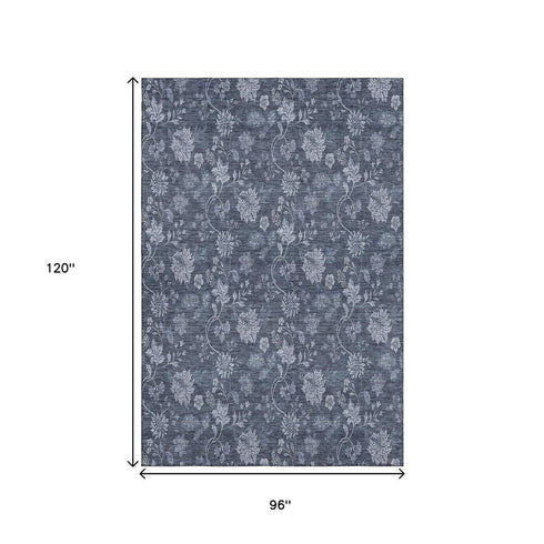 9' X 12' Blue And Ivory Floral Washable Area Rug With UV Protection