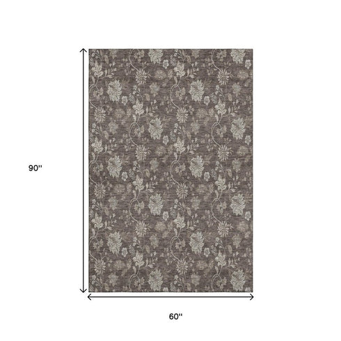 9' X 12' Chocolate And Beige Floral Washable Area Rug With UV Protection