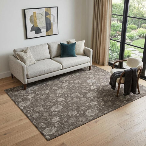 9' X 12' Chocolate And Beige Floral Washable Area Rug With UV Protection