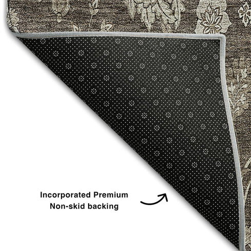 9' X 12' Chocolate And Beige Floral Washable Area Rug With UV Protection
