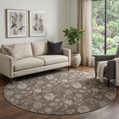 9' X 12' Chocolate And Beige Floral Washable Area Rug With UV Protection