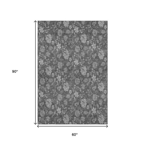 9' X 12' Gray And Silver Floral Washable Area Rug With UV Protection