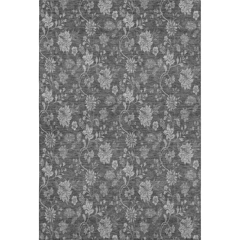 9' X 12' Gray And Silver Floral Washable Area Rug With UV Protection