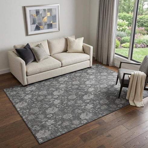 9' X 12' Gray And Silver Floral Washable Area Rug With UV Protection