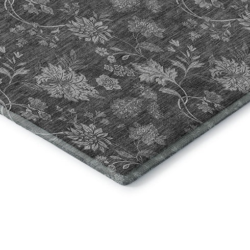 9' X 12' Gray And Silver Floral Washable Area Rug With UV Protection