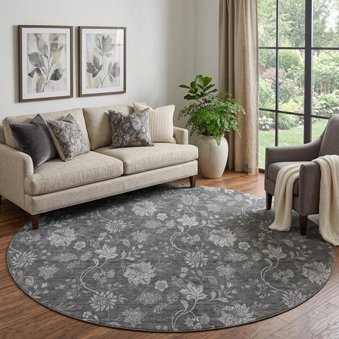 9' X 12' Gray And Silver Floral Washable Area Rug With UV Protection