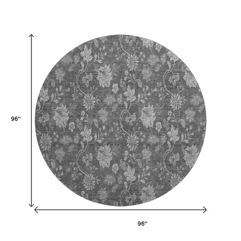 9' X 12' Gray And Silver Floral Washable Area Rug With UV Protection