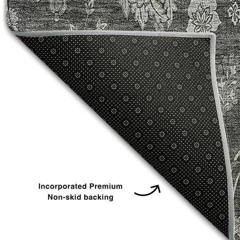 9' X 12' Gray And Silver Floral Washable Area Rug With UV Protection
