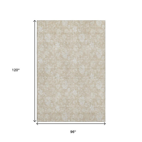 9' X 12' Beige And Ivory Floral Washable Area Rug With UV Protection