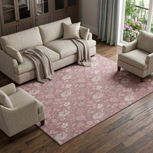 9' X 12' Blush And Ivory Floral Washable Area Rug With UV Protection