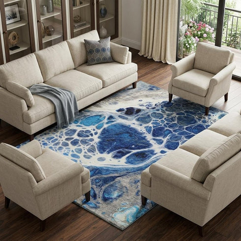 9' X 12' Navy Blue Ivory And Gray Abstract Washable Area Rug With UV Protection