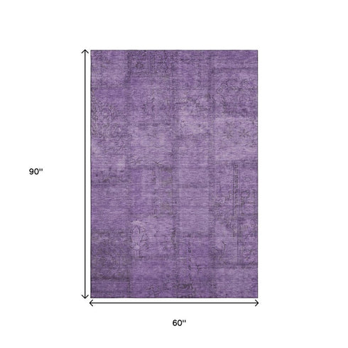 9' X 12' Purple And Gray Patchwork Washable Area Rug With UV Protection