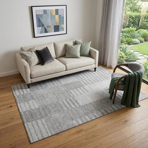 9' X 12' Silver And Gray Striped Washable Area Rug With UV Protection