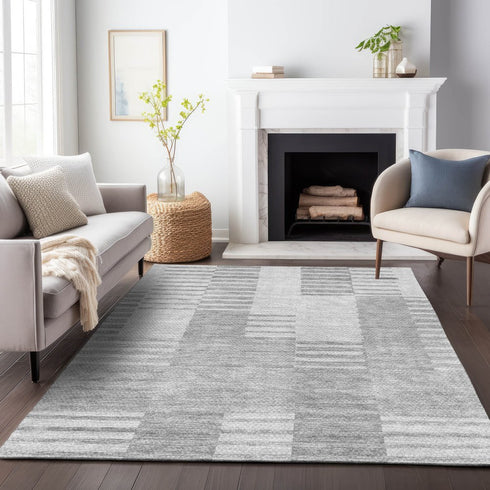 9' X 12' Silver And Gray Striped Washable Area Rug With UV Protection