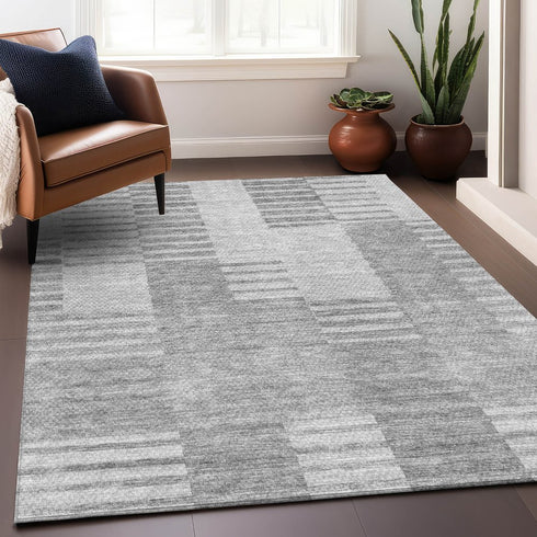 9' X 12' Silver And Gray Striped Washable Area Rug With UV Protection