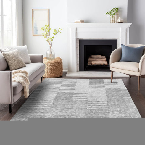 9' X 12' Silver And Gray Striped Washable Area Rug With UV Protection