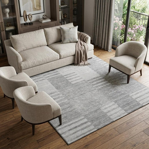 9' X 12' Silver And Gray Striped Washable Area Rug With UV Protection