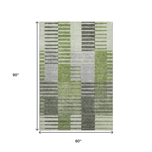 9' X 12' Green Ivory And Gray Striped Washable Area Rug With UV Protection