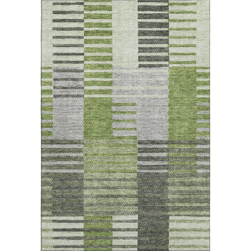 9' X 12' Green Ivory And Gray Striped Washable Area Rug With UV Protection