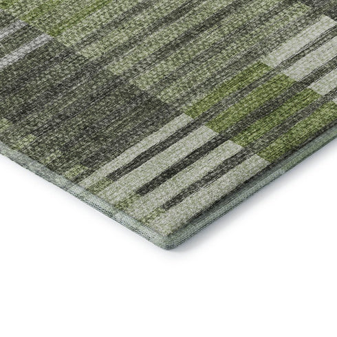 9' X 12' Green Ivory And Gray Striped Washable Area Rug With UV Protection