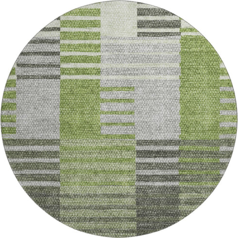 9' X 12' Green Ivory And Gray Striped Washable Area Rug With UV Protection