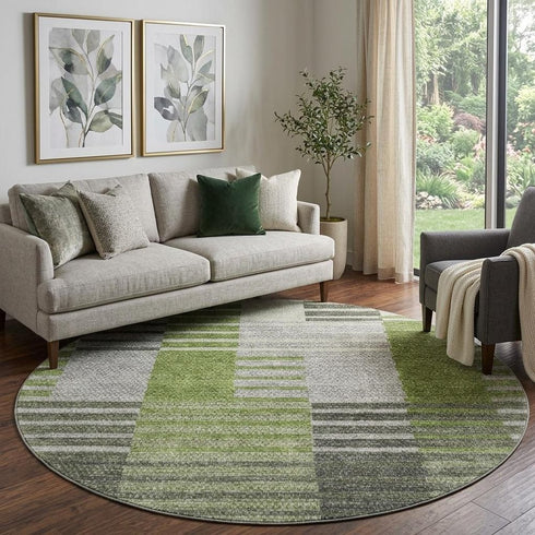 9' X 12' Green Ivory And Gray Striped Washable Area Rug With UV Protection