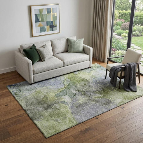 9' X 12' Olive Green And Gray Abstract Washable Area Rug With UV Protection