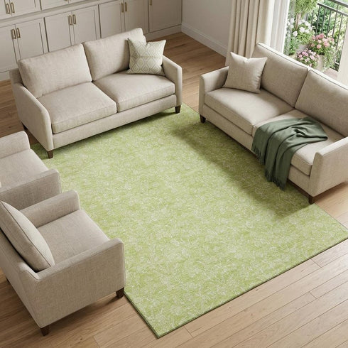 9' X 12' Artichoke Green And Ivory Floral Washable Area Rug With UV Protection