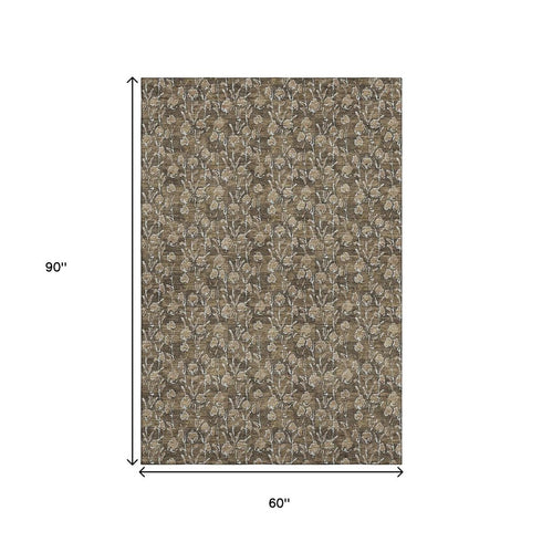 9' X 12' Brown And Ivory Floral Washable Area Rug With UV Protection